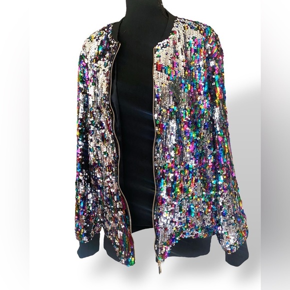 CRESAY Multi Colored Sequined Bomber Jacket Size X-Large Black NWT Hollywood!! - Picture 3 of 14